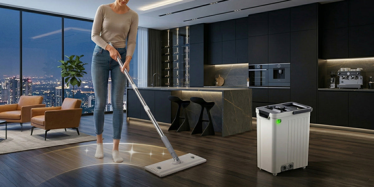 flat floor mop cleaning bathroom tile floor around toilet base and cabinet edges