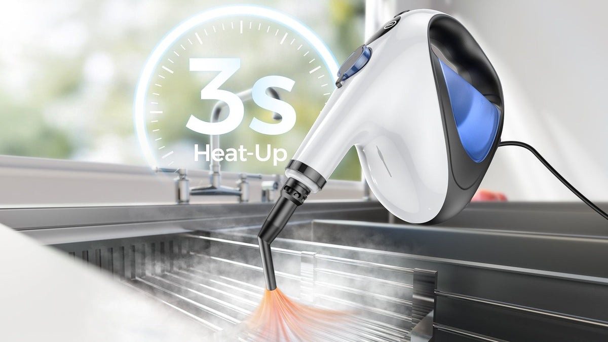 ADICOM handheld steam cleaner showing 3-second instant heating technology for quick home cleaning