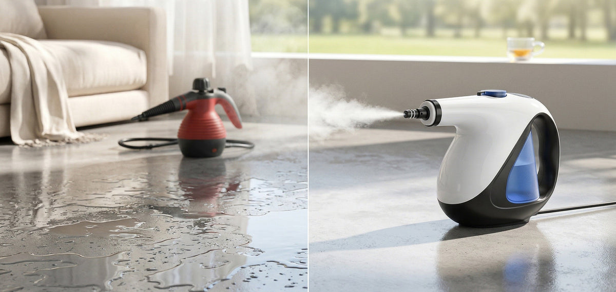 handheld steam cleaner leaving no excess moisture on clean dry surface compared to wet streaky result