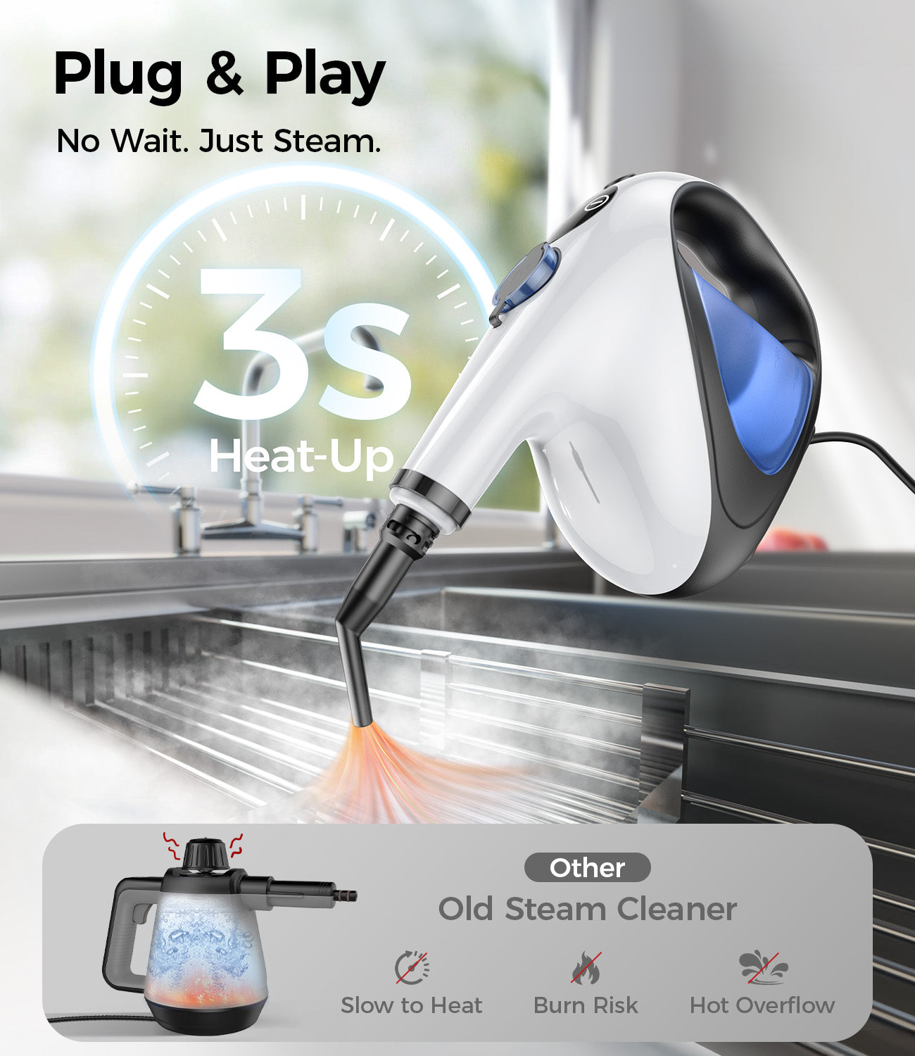 Adicom Handheld Steam Cleaner 3s Heat-Up, High-Pressure Deep Cleaning