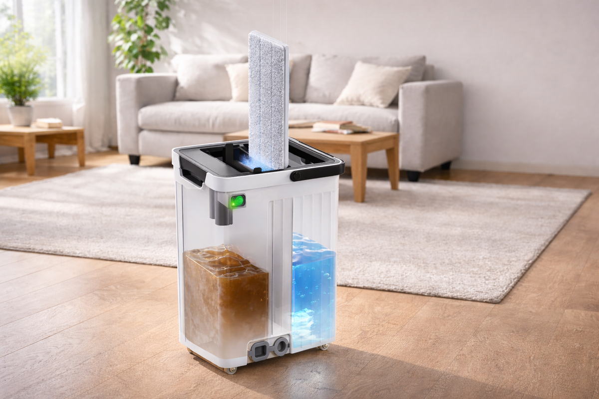 Comparison between traditional mop and ADICOM dual-tank mop and bucket set showing dirty water separation technology