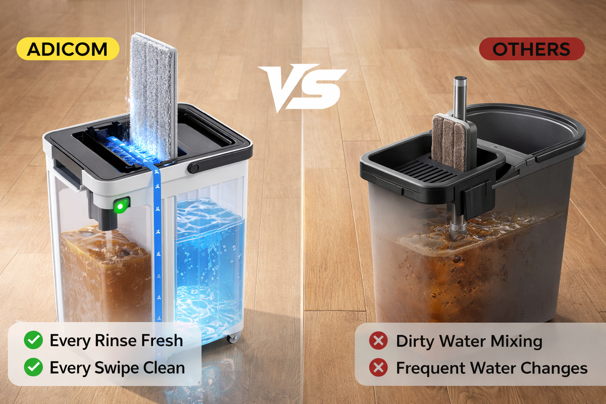 flat mop and bucket system with dual-tank dirty water separation vs traditional mop bucket