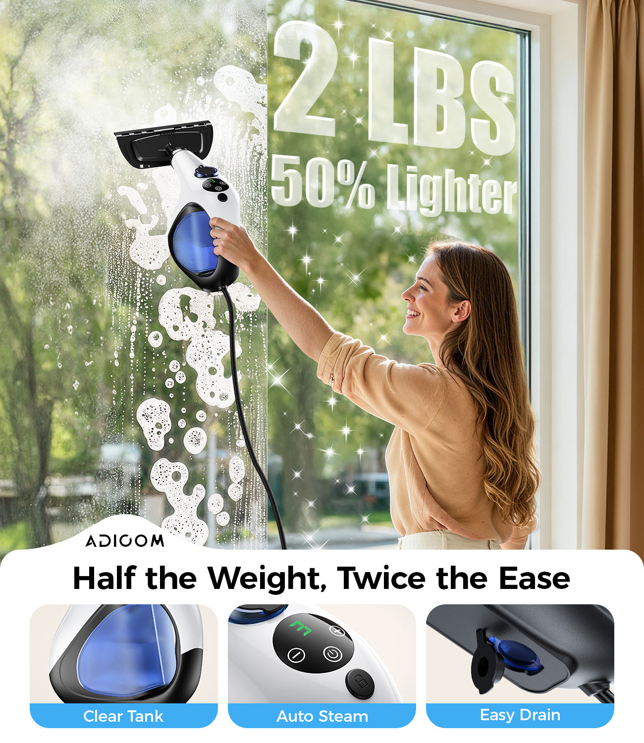 Adicom Handheld Steam Cleaner 3s Heat-Up, High-Pressure Deep Cleaning